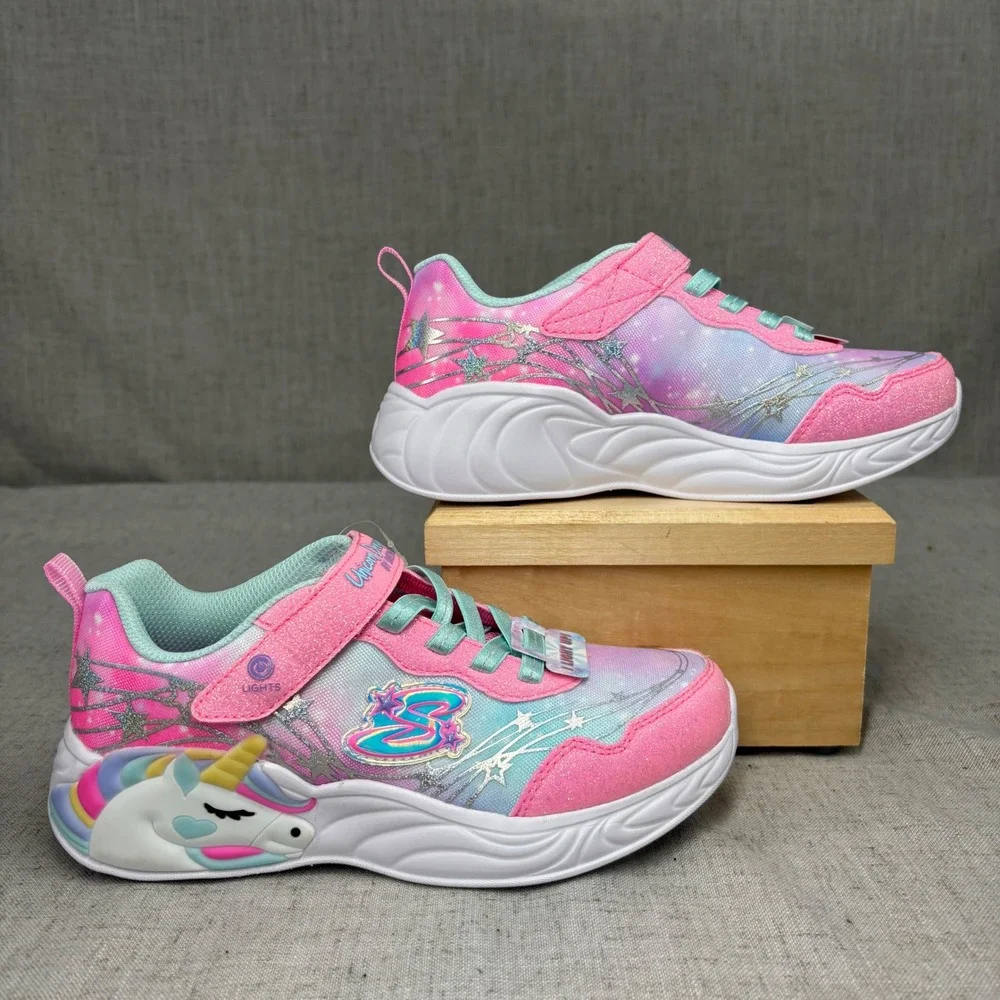 Skechers Kids S-Lights Shoes Unicorn Dreams Pink White Light Up Sneakers Size 2. - Picture 2 of 11